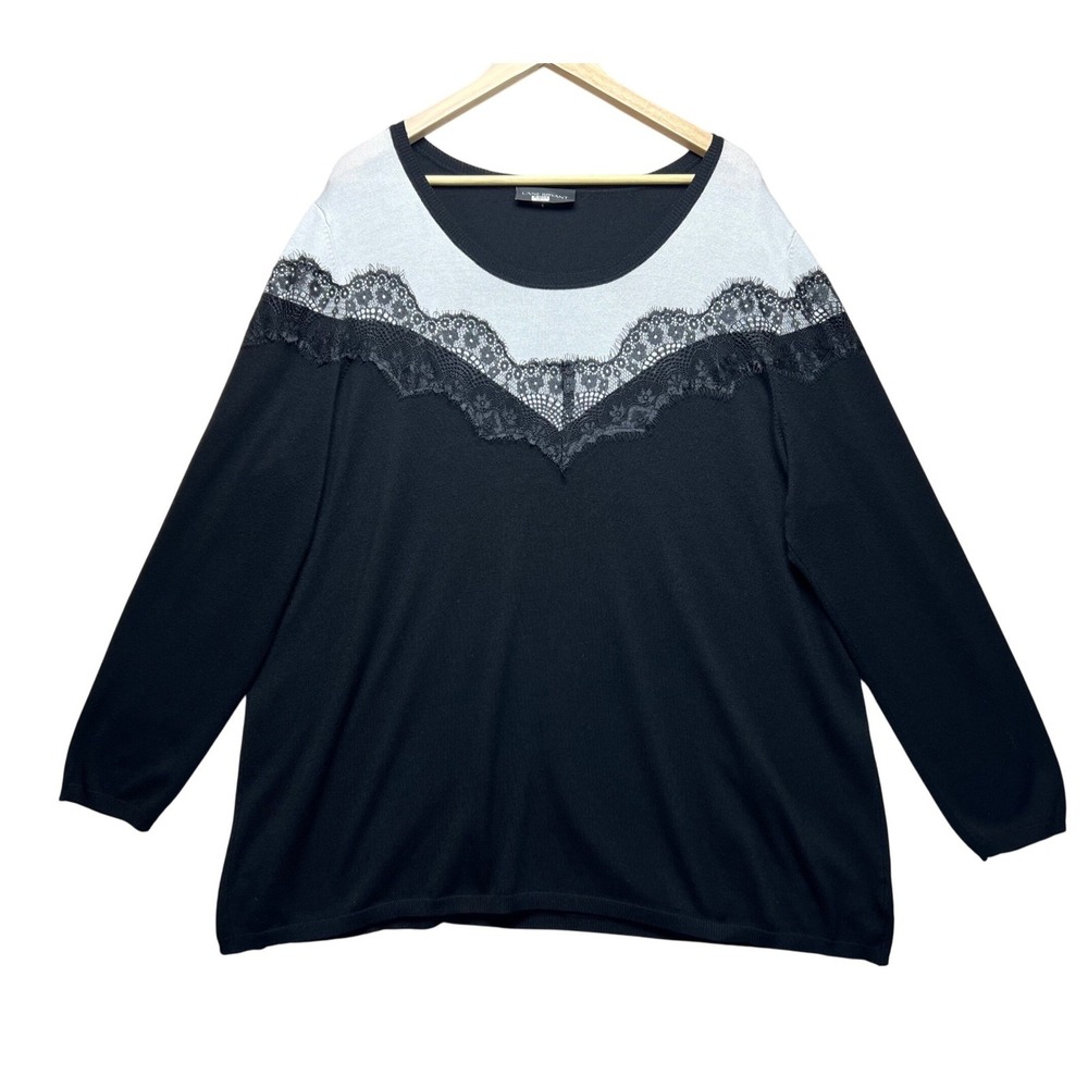 Lane Bryant Women Black White Lace Trim Long Sleeve Sweater Top Plus Size 2XL